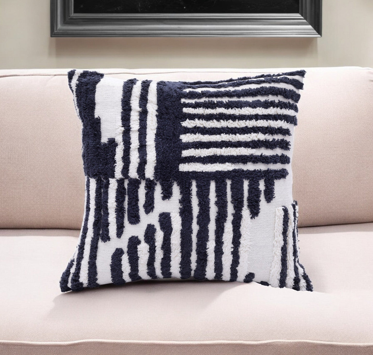 22" Navy and White Geometric Cotton Throw Pillow FurniFindUSA