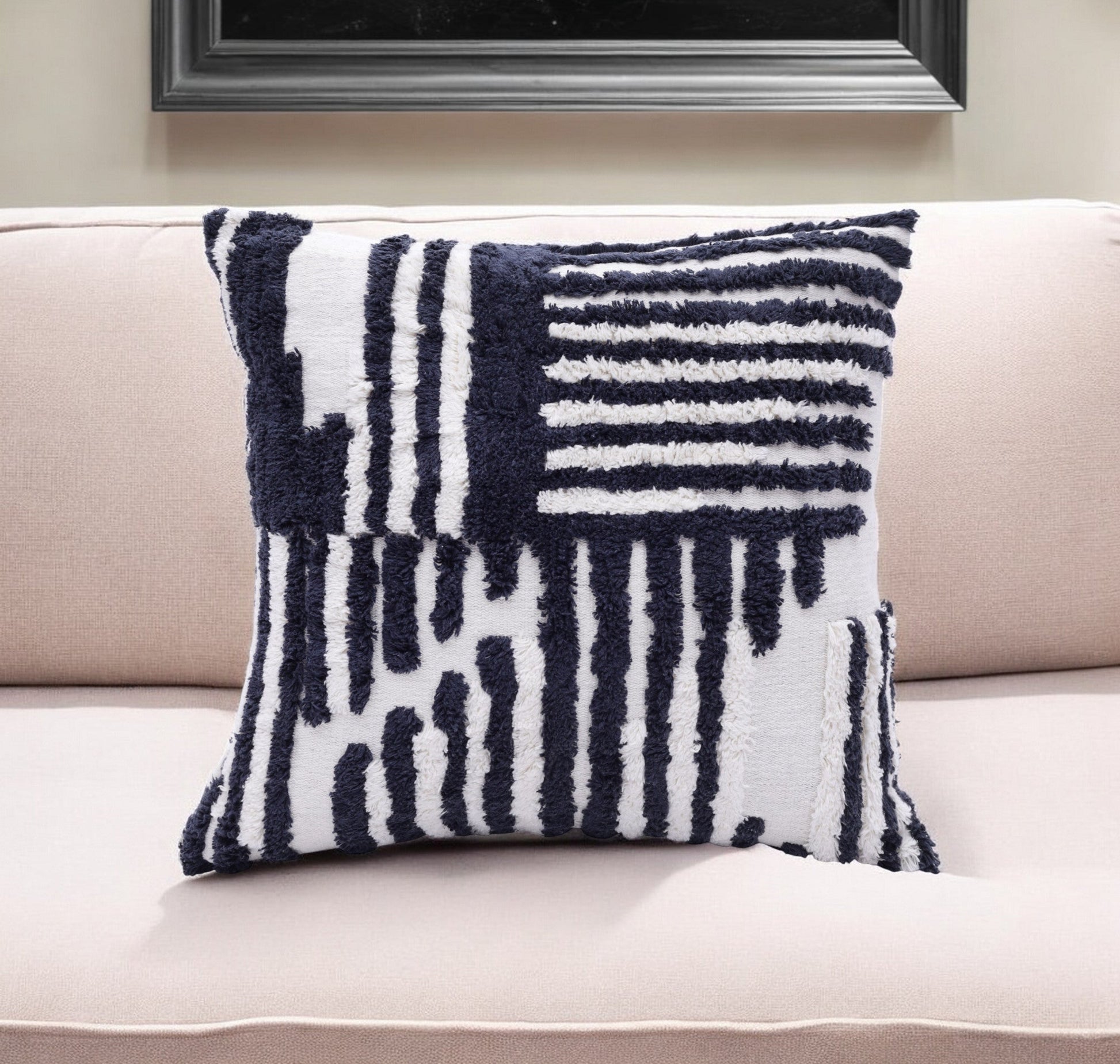 22" Navy and White Geometric Cotton Throw Pillow FurniFindUSA