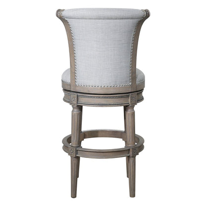 30" Gray Linen And Solid Wood Bar Height Swivel Bar Chair HomeRoots