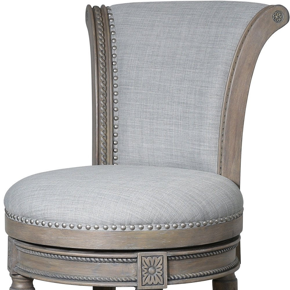 30" Gray Linen And Solid Wood Bar Height Swivel Bar Chair HomeRoots