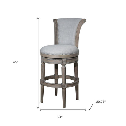 30" Gray Solid Wood and Linen Bar Height Swivel Bar Chair HomeRoots