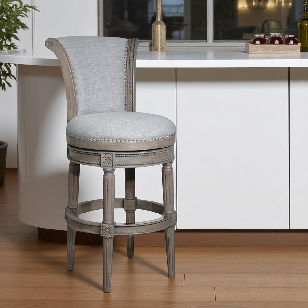 30" Gray Linen And Solid Wood Bar Height Swivel Bar Chair HomeRoots