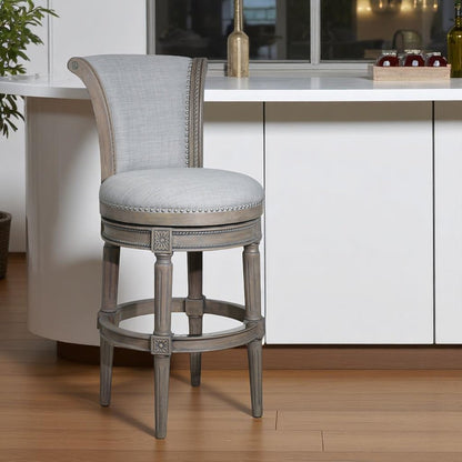 30" Gray Linen And Solid Wood Bar Height Swivel Bar Chair HomeRoots