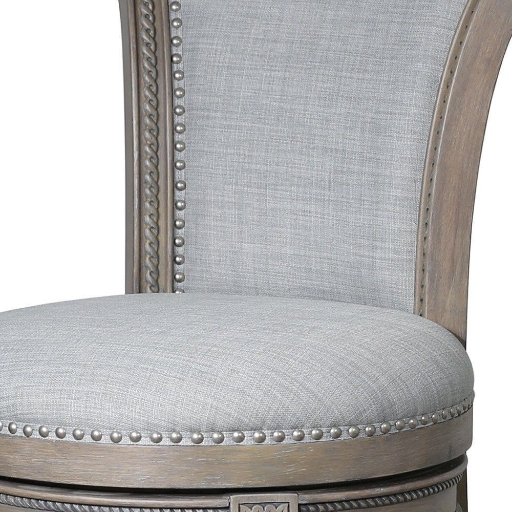 30" Gray Linen And Solid Wood Bar Height Swivel Bar Chair HomeRoots