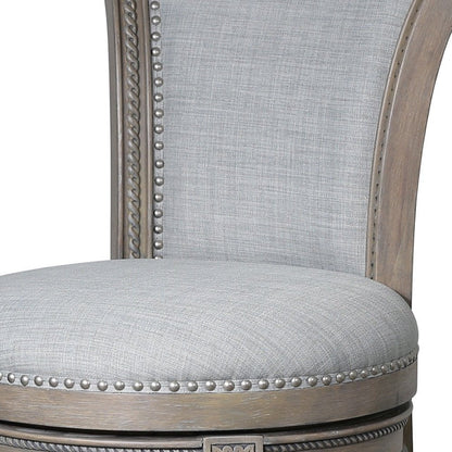 30" Gray Linen And Solid Wood Bar Height Swivel Bar Chair HomeRoots