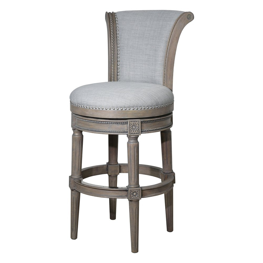 30" Gray Linen And Solid Wood Bar Height Swivel Bar Chair HomeRoots