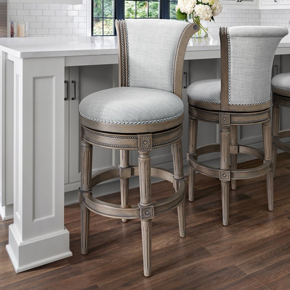 30" Gray Solid Wood and Linen Bar Height Swivel Bar Chair HomeRoots