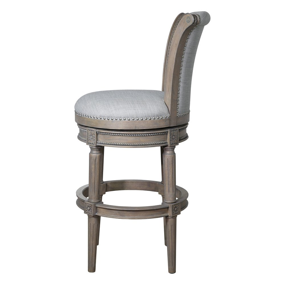 30" Gray Linen And Solid Wood Bar Height Swivel Bar Chair HomeRoots