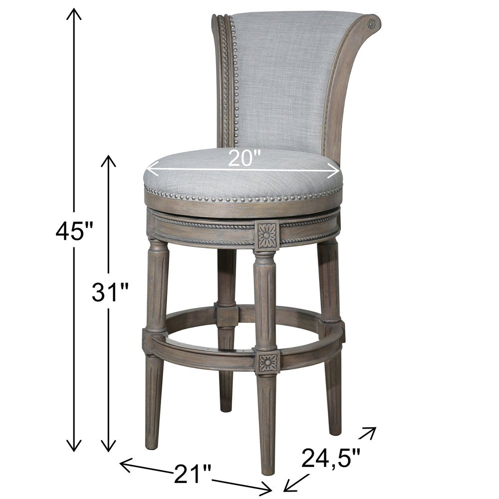 30" Gray Solid Wood and Linen Bar Height Swivel Bar Chair HomeRoots