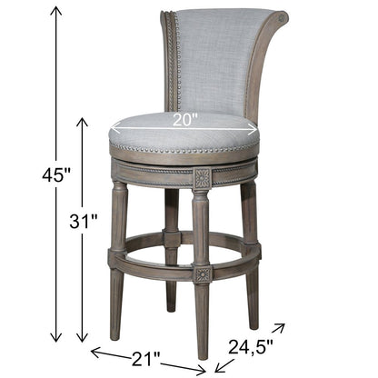 30" Gray Solid Wood and Linen Bar Height Swivel Bar Chair HomeRoots
