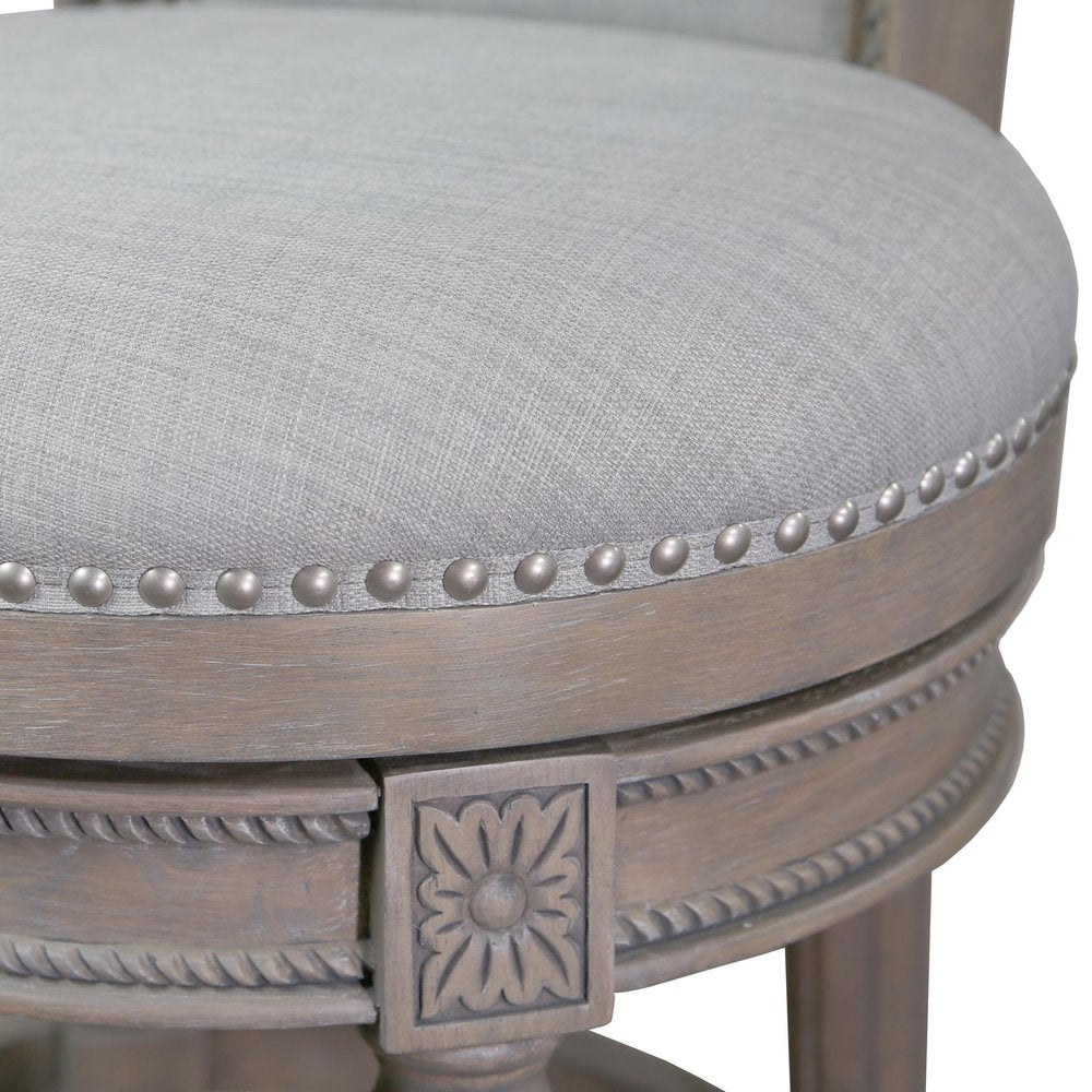 30" Gray Linen And Solid Wood Bar Height Swivel Bar Chair HomeRoots