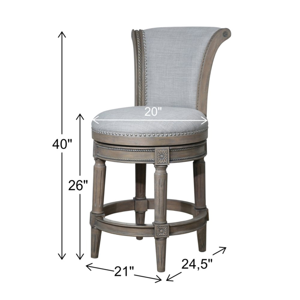 25" Gray Solid Wood and Fabric Counter Height Swivel Bar Chair HomeRoots
