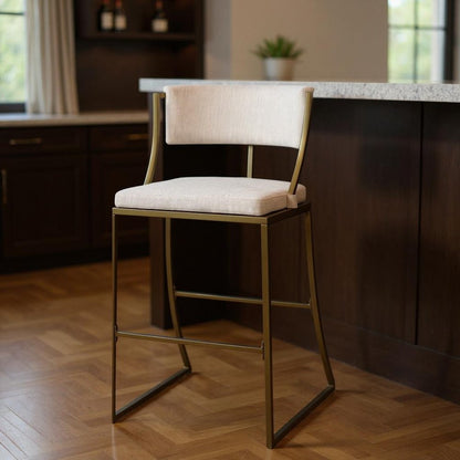 30" Beige And Antiqued Brass Fabric And Steel Low Back Bar Height Bar Chair HomeRoots