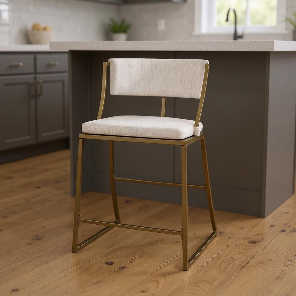 25" Beige And Antiqued Brass Fabric And Steel Low Back Counter Height Bar Chair HomeRoots