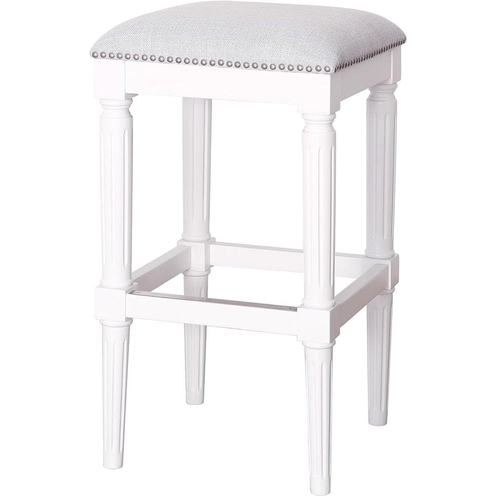 31" Light Gray And White Fabric And Solid Wood Backless Bar Height Bar Chair HomeRoots