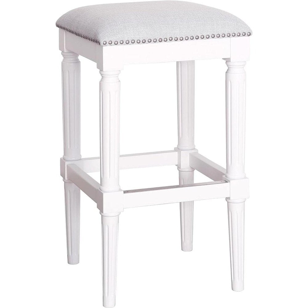 31" Light Gray And White Fabric And Solid Wood Backless Bar Height Bar Chair — view 5