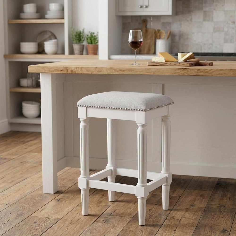 27" Gray And Antiqued White Fabric And Solid Wood Backless Counter Height Bar Chair HomeRoots