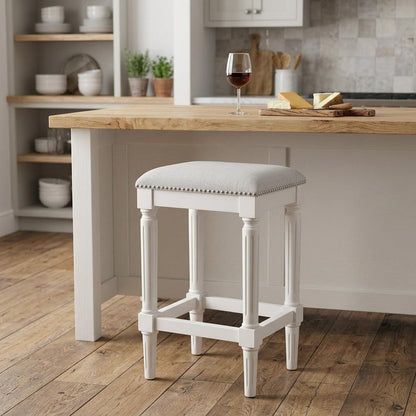 27" Gray And Antiqued White Fabric And Solid Wood Backless Counter Height Bar Chair HomeRoots