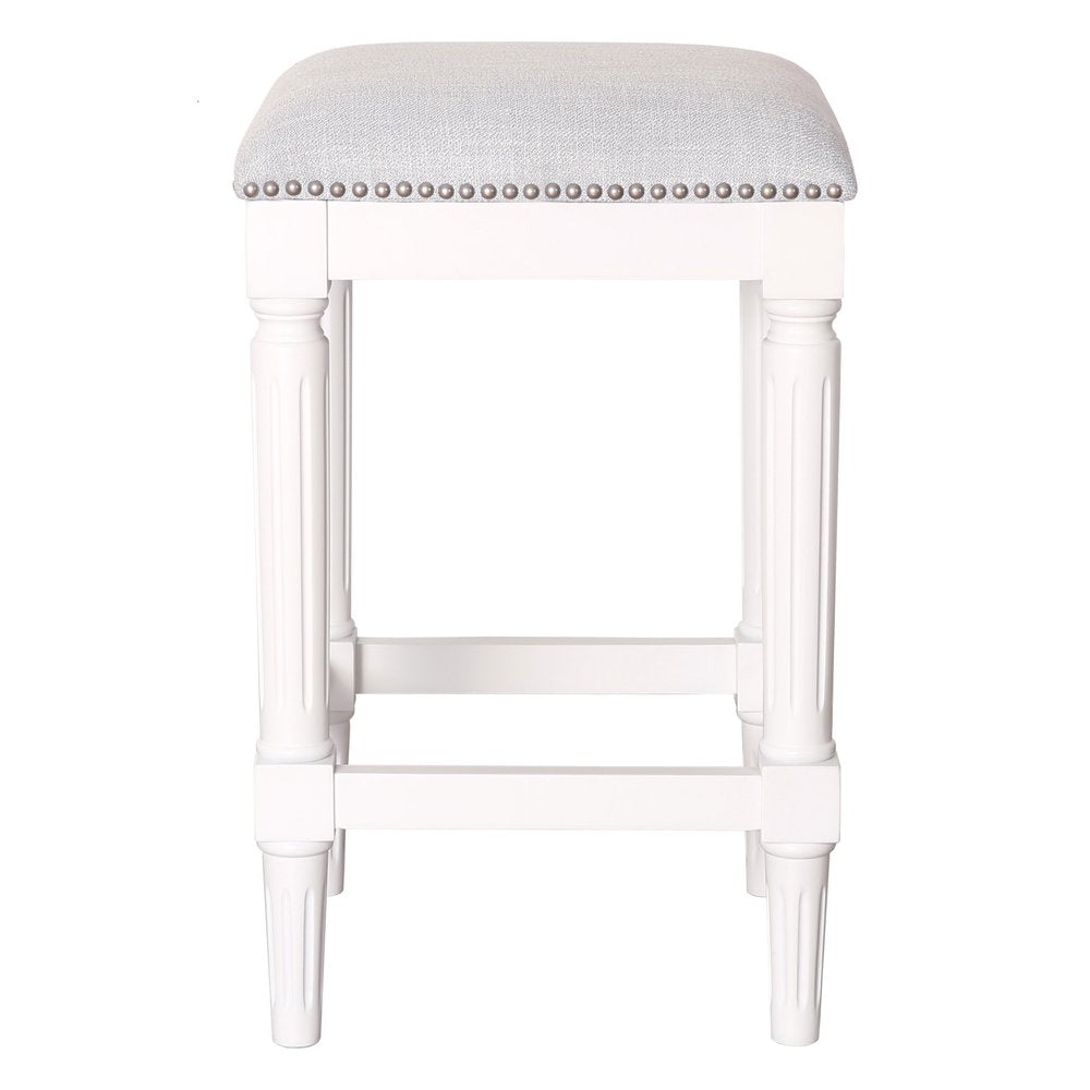 27" Gray And Antiqued White Fabric And Solid Wood Backless Counter Height Bar Chair HomeRoots