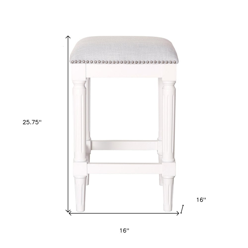 27" Gray And Antiqued White Fabric And Solid Wood Backless Counter Height Bar Chair HomeRoots