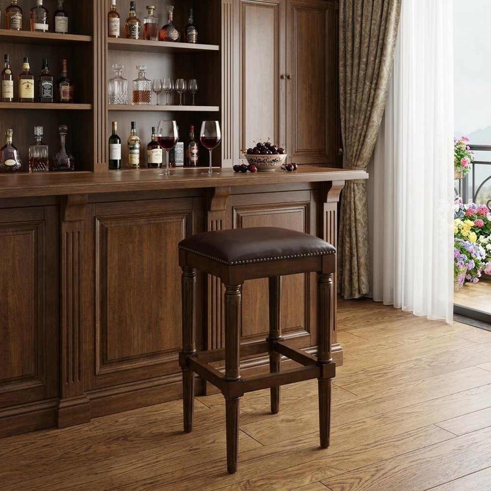 31" Brown And Dark Brown Fabric And Solid Wood Backless Bar Height Bar Chair HomeRoots