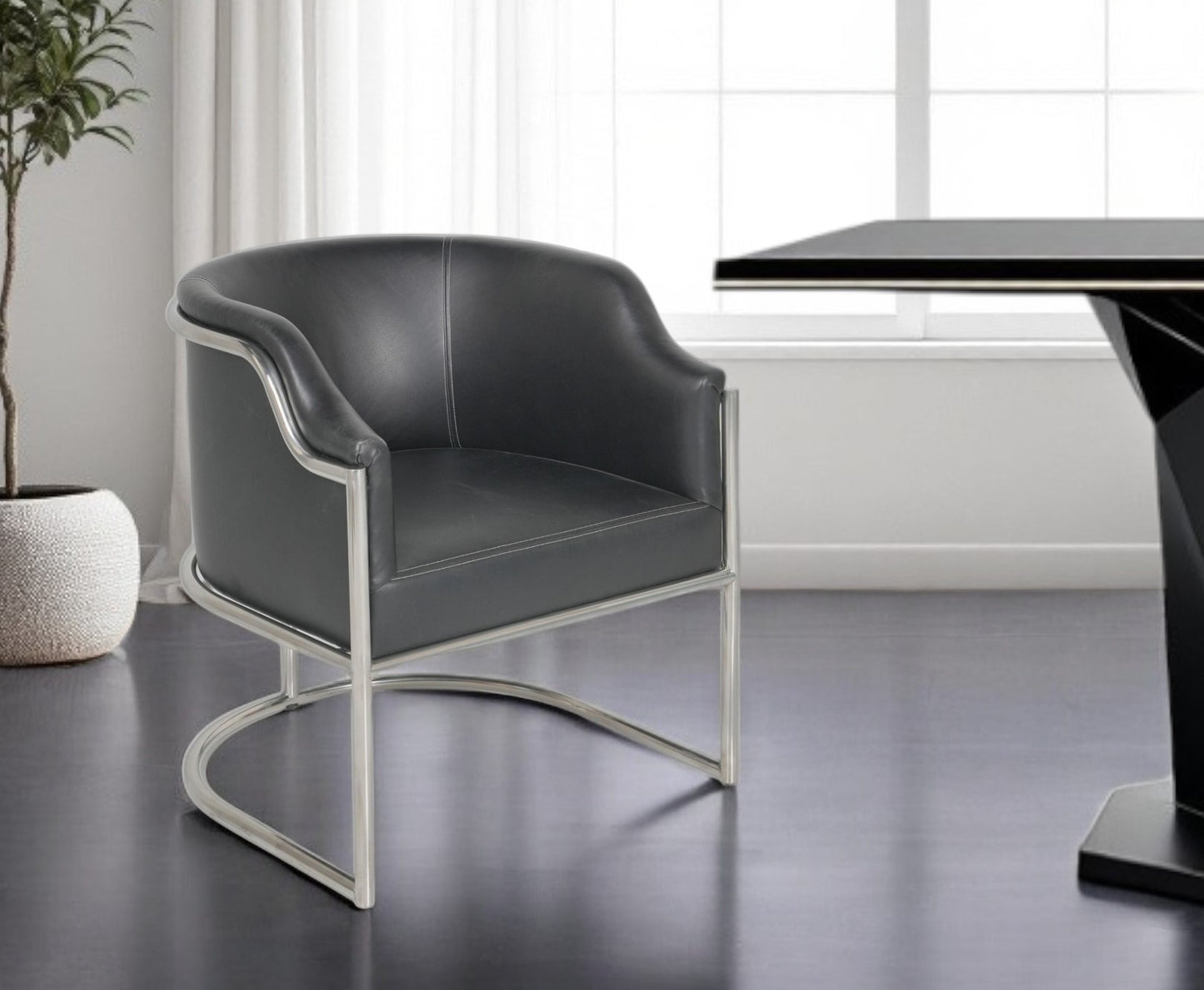 Charcoal Genuine Leather and Stainless Curved Back Dining or Side Chair