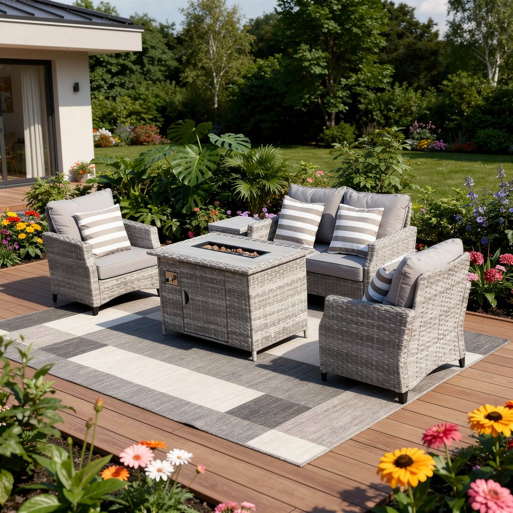 Five Piece Gray Rattan Sofa Seating Group With Fire Pit And Table HomeRoots