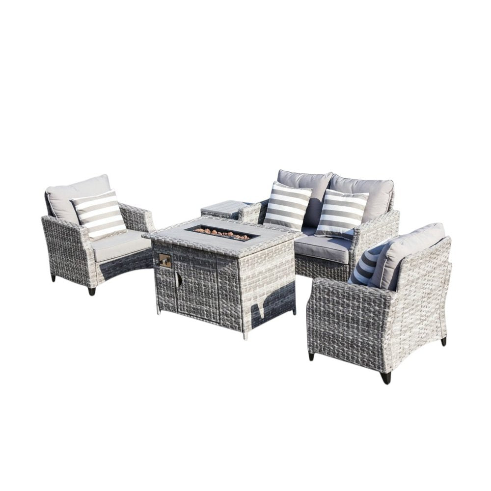 Five Piece Gray Rattan Sofa Seating Group With Fire Pit And Table — view 2