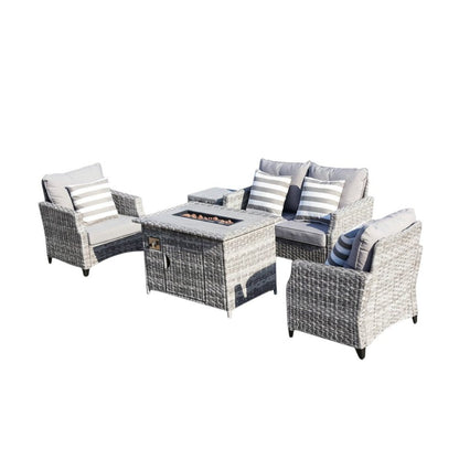 Five Piece Gray Rattan Sofa Seating Group With Fire Pit And Table HomeRoots