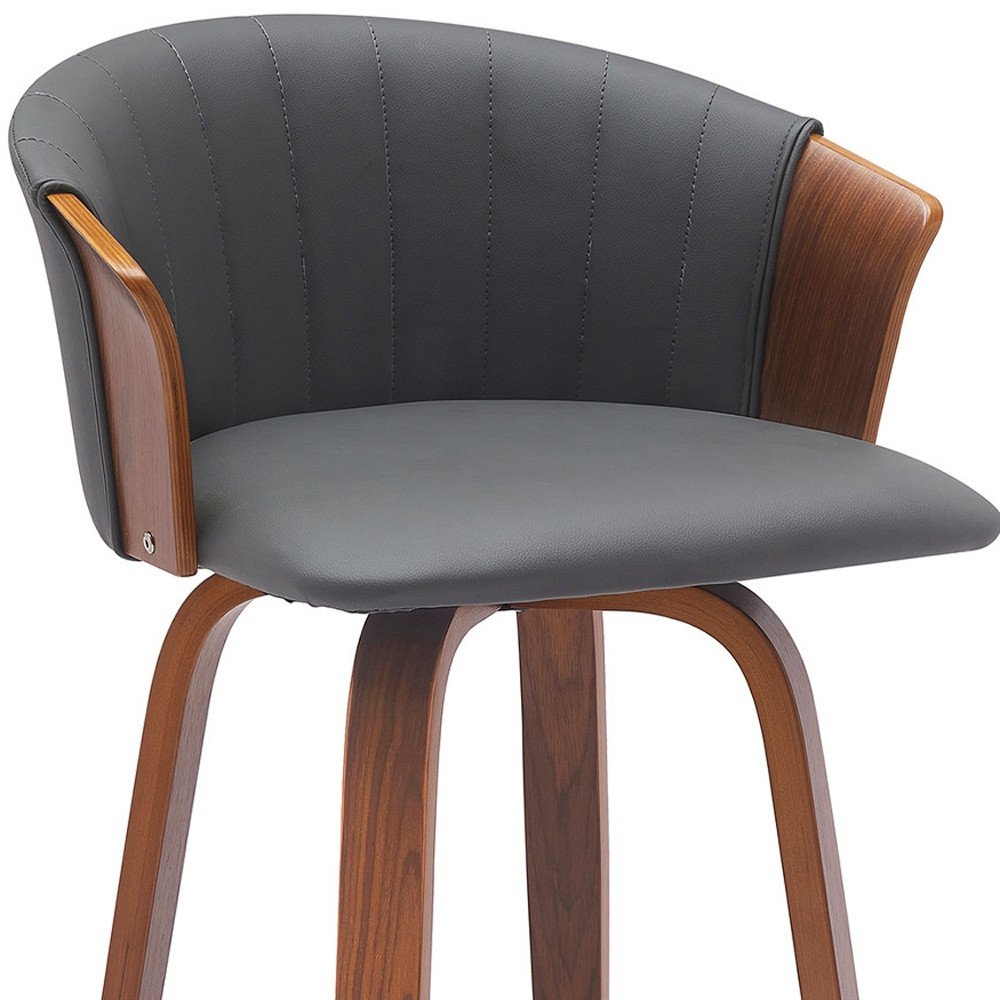 26" Gray And Brown Faux Leather And Fabric And Solid Wood Counter Height Swivel Bar Chair HomeRoots