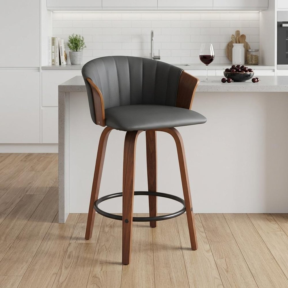 26" Gray And Brown Faux Leather And Fabric And Solid Wood Counter Height Swivel Bar Chair HomeRoots