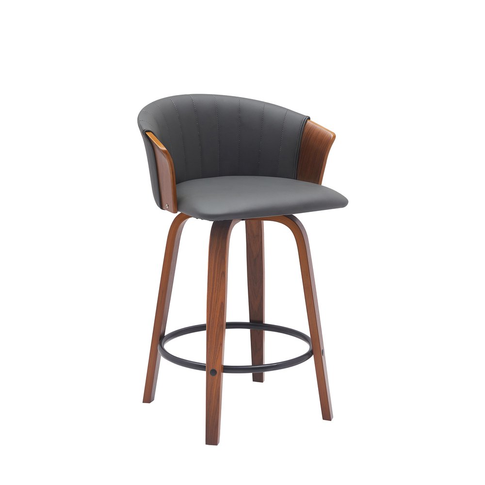26" Gray And Brown Faux Leather And Fabric And Solid Wood Counter Height Swivel Bar Chair HomeRoots