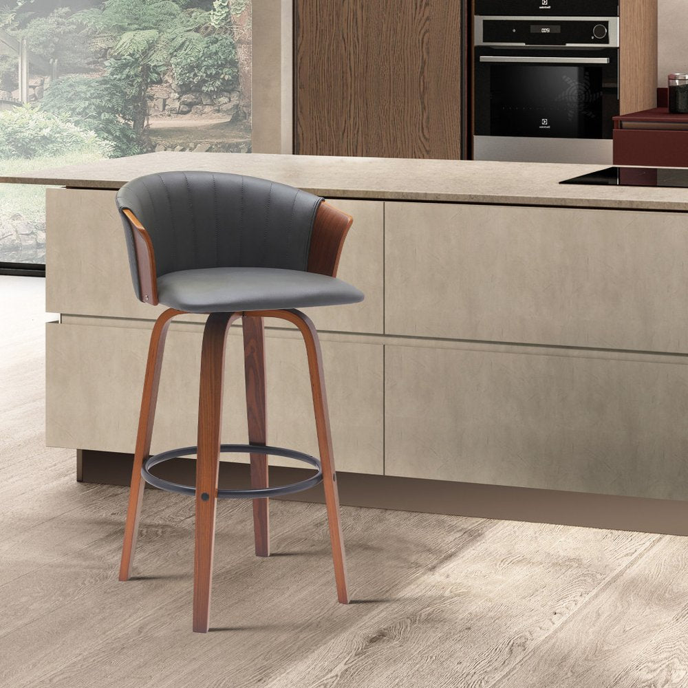 26" Gray And Brown Faux Leather And Fabric And Solid Wood Counter Height Swivel Bar Chair HomeRoots