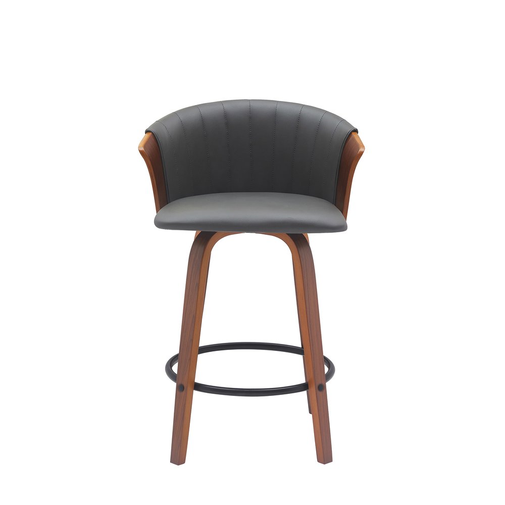 26" Gray And Brown Faux Leather And Fabric And Solid Wood Counter Height Swivel Bar Chair HomeRoots
