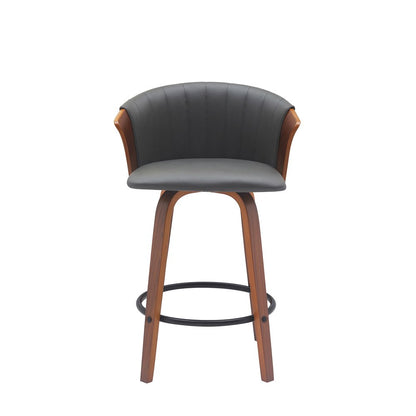 26" Gray And Brown Faux Leather And Fabric And Solid Wood Counter Height Swivel Bar Chair HomeRoots