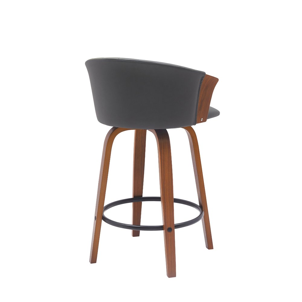26" Gray And Brown Faux Leather And Fabric And Solid Wood Counter Height Swivel Bar Chair HomeRoots