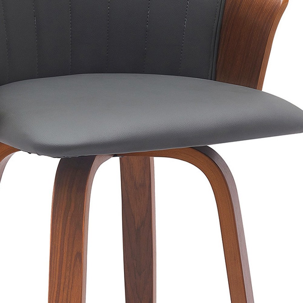 26" Gray And Brown Faux Leather And Fabric And Solid Wood Counter Height Swivel Bar Chair HomeRoots