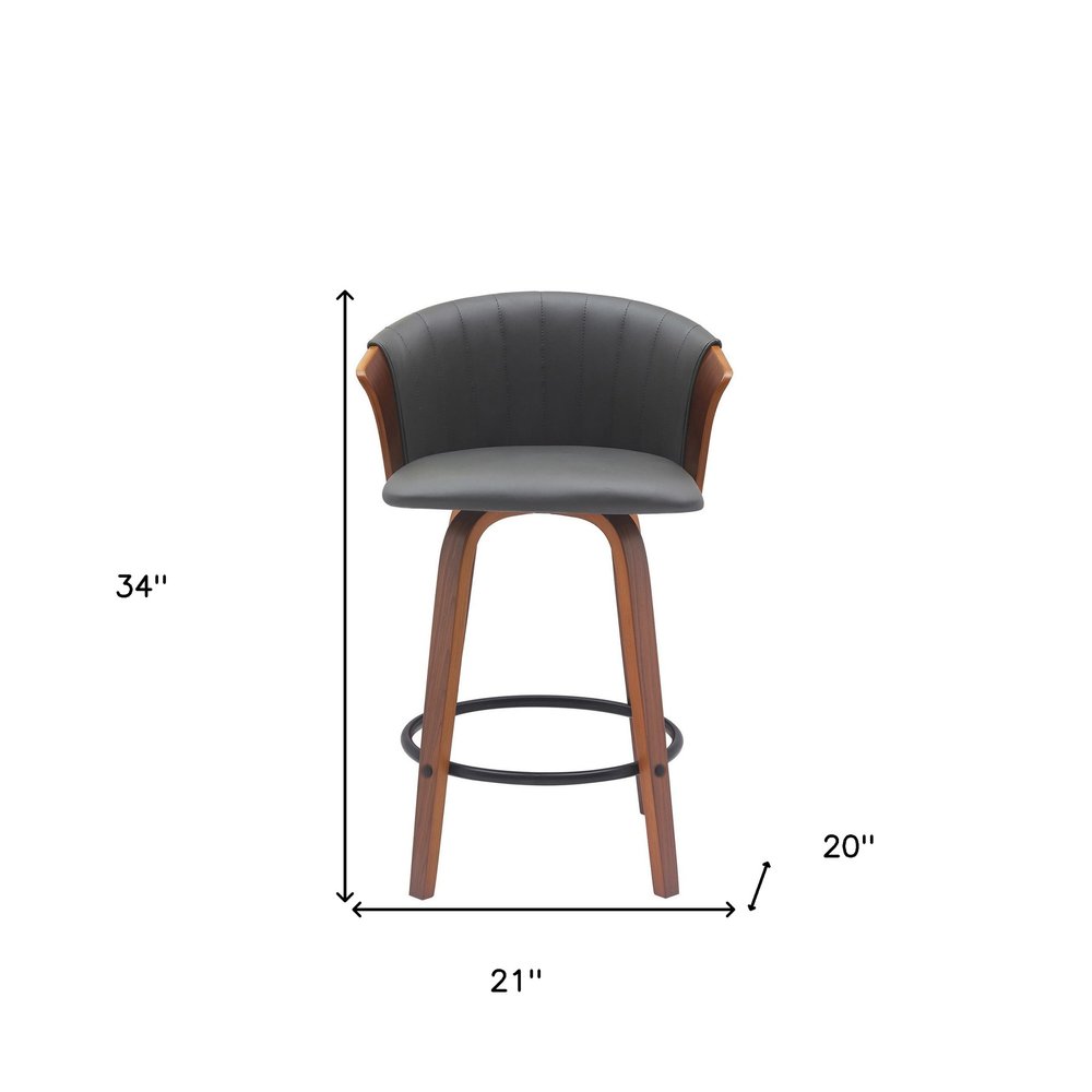 26" Gray And Brown Faux Leather And Fabric And Solid Wood Counter Height Swivel Bar Chair HomeRoots