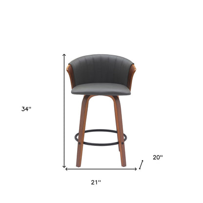 26" Gray And Brown Faux Leather And Fabric And Solid Wood Counter Height Swivel Bar Chair HomeRoots