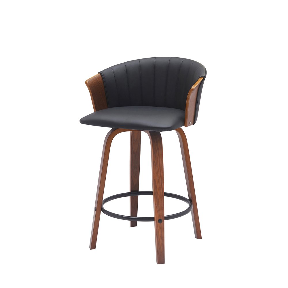 26" Black And Brown Faux Leather And Fabric And Solid Wood Counter Height Swivel Bar Chair HomeRoots