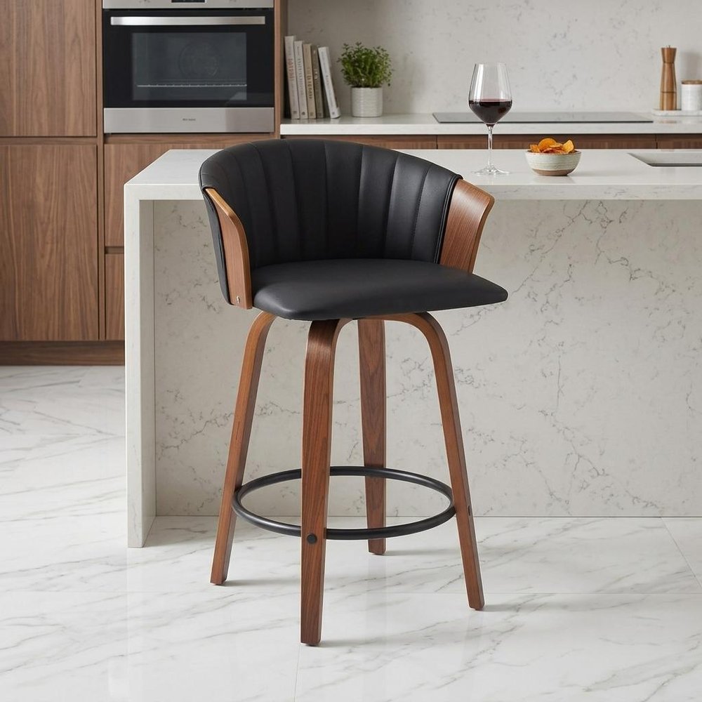 26" Black And Brown Faux Leather And Fabric And Solid Wood Counter Height Swivel Bar Chair HomeRoots