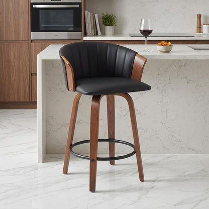 26" Black And Brown Faux Leather And Fabric And Solid Wood Counter Height Swivel Bar Chair HomeRoots