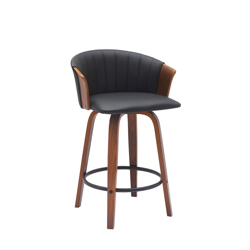 26" Black And Brown Faux Leather And Fabric And Solid Wood Counter Height Swivel Bar Chair HomeRoots
