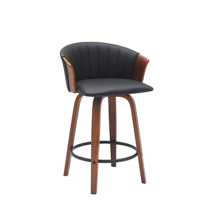 26" Black And Brown Faux Leather And Fabric And Solid Wood Counter Height Swivel Bar Chair HomeRoots