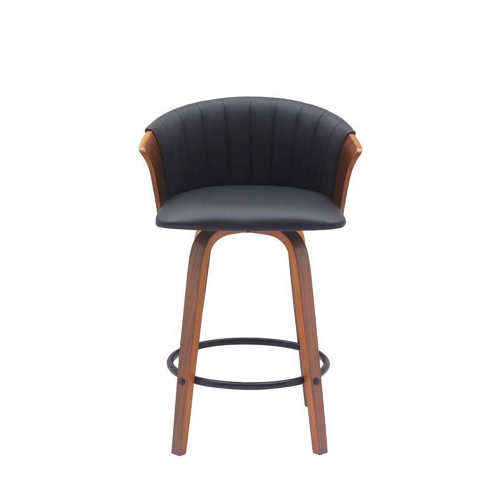 26" Black And Brown Faux Leather And Fabric And Solid Wood Counter Height Swivel Bar Chair HomeRoots