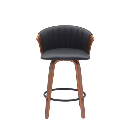 26" Black And Brown Faux Leather And Fabric And Solid Wood Counter Height Swivel Bar Chair HomeRoots