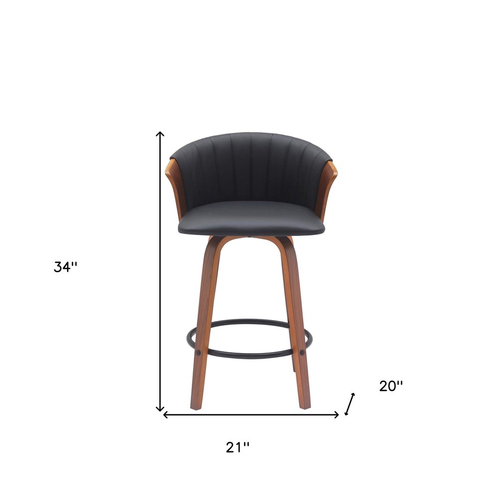 26" Black And Brown Faux Leather And Fabric And Solid Wood Counter Height Swivel Bar Chair HomeRoots