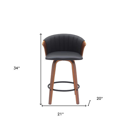 26" Black And Brown Faux Leather And Fabric And Solid Wood Counter Height Swivel Bar Chair HomeRoots
