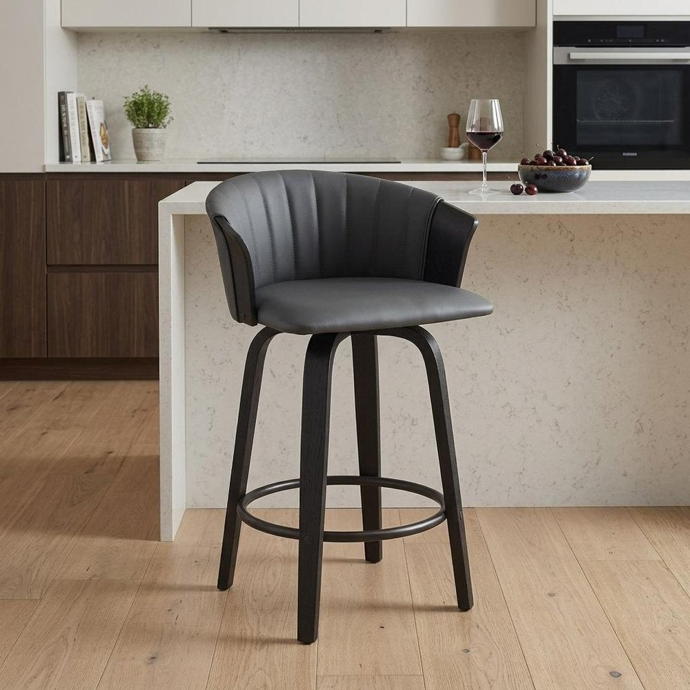 26" Gray And Black Faux Leather And Fabric And Wood Counter Height Swivel Bar Chair HomeRoots