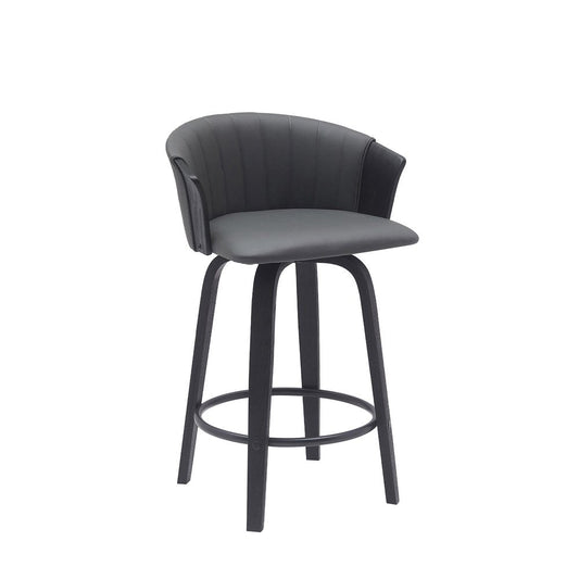 26" Gray And Black Faux Leather And Fabric And Wood Counter Height Swivel Bar Chair HomeRoots